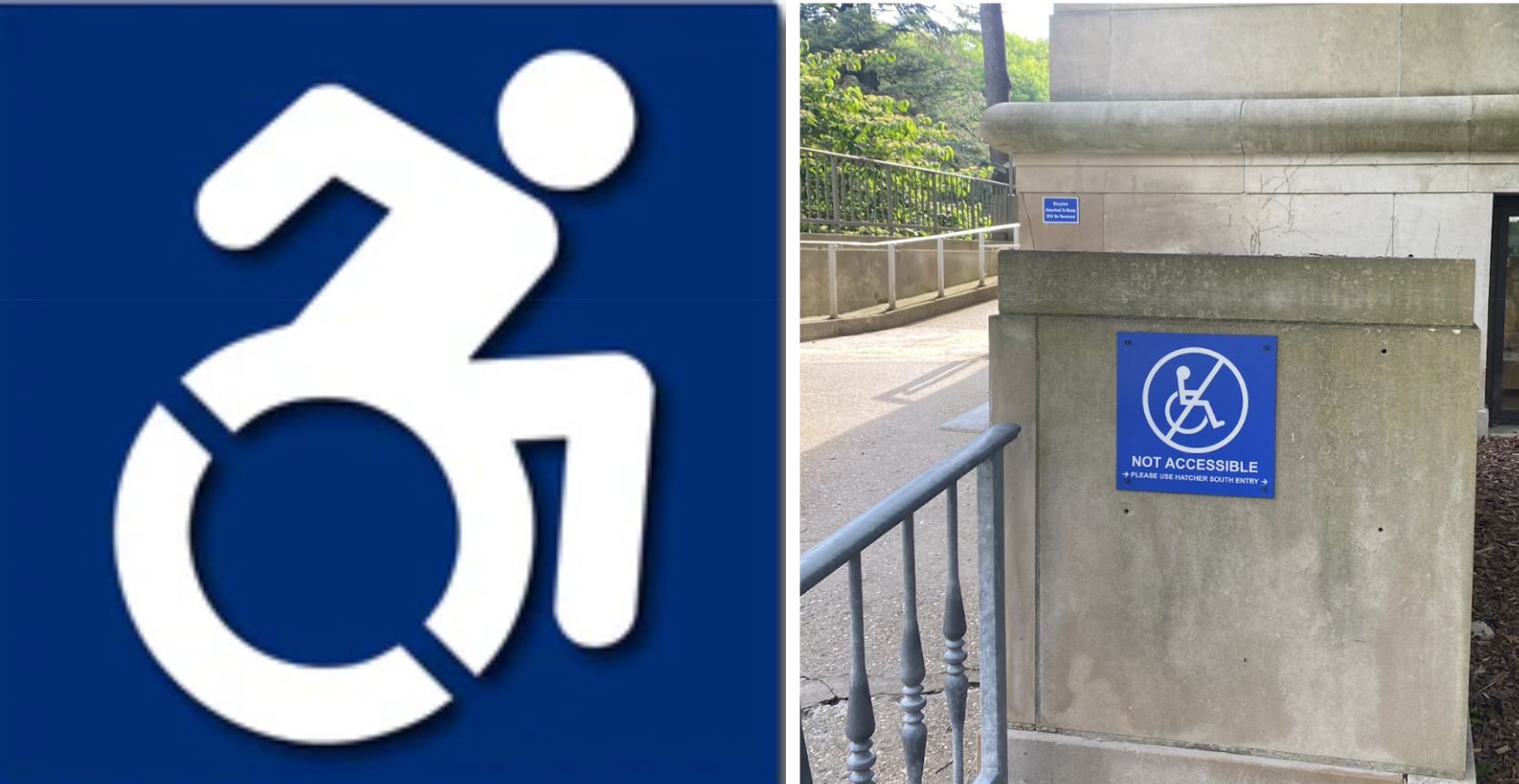 A graphic of a person using a wheelchair next to a sign saying that a location is not accessible