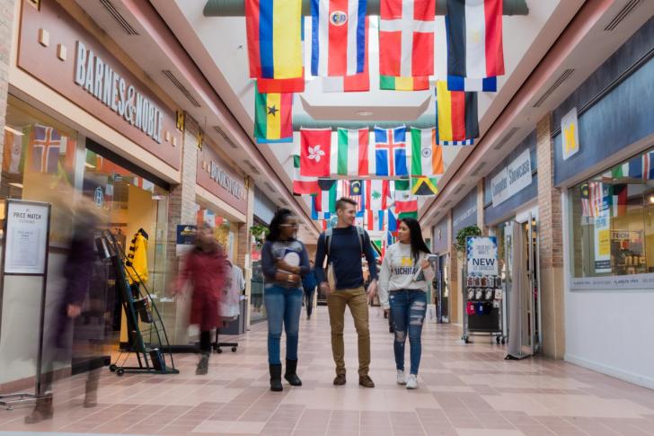 Students walking under flags of different nations in Pierpont Commons